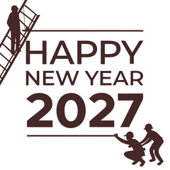 Fototapeta premium A stylized illustration depicts workers building the new year 2027 with a ladder and teamwork celebrating a fresh start