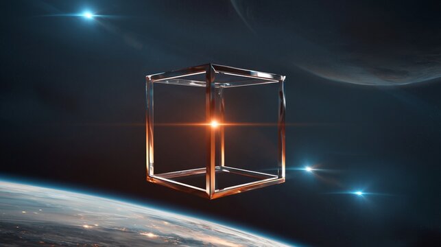Leuchtender Metallw&uuml;rfel schwebt im Weltall &uuml;ber der Erde &ndash; futuristisches Science-Fiction-Konzept