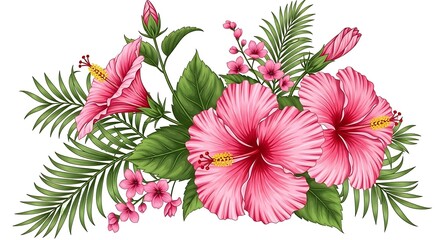 Obraz premium A beautifully illustrated tropical flower arrangement featuring vibrant hibiscus and delicate foliage