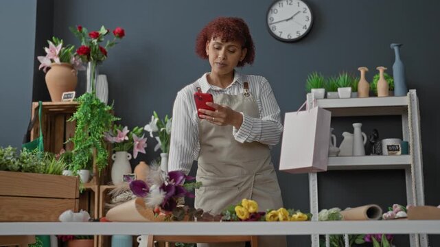 Woman florist in apron holding smartphone above table and photographing bouquets and loose flowers in a studio with shelves of vases and a clock; business focus.