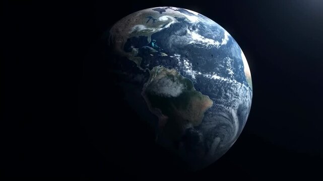 Slow zoom tracking reveal of planet transforming from cratered moon into earth rotating in dark space orbit with illuminated clouds and shadowed surface