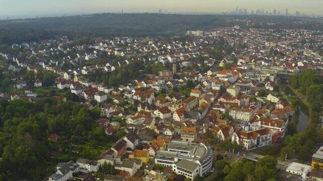 Aerial view of the old town of the city Bad Vilbel in Germany, hesse on a late spring afternoon
