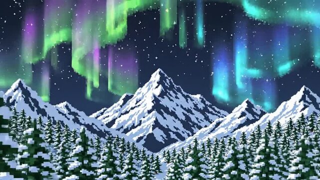 Pixelated aurora borealis above snowy mountains and evergreen trees