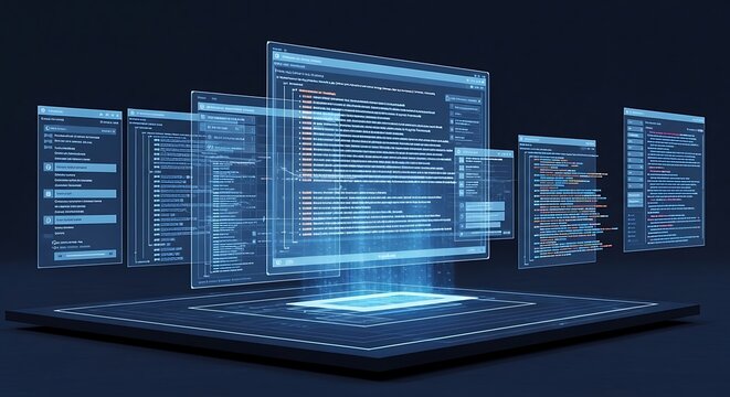 A futuristic digital illustration of code on a laptop screen
