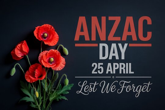 Anzac day poster with red poppies and text on dark background