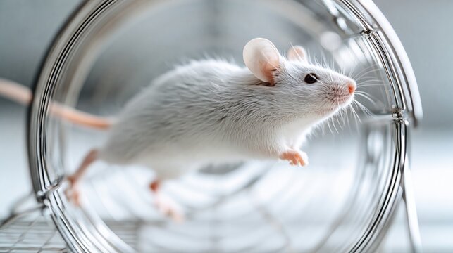White laboratory mouse running through a metal exercise wheel, showcasing its agility and movement in a controlled environment with a blurred background