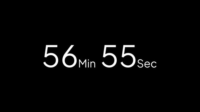57 minute countdown timer animation from 57 to 56 minute, digital countdown timer transparent background. 57 minute countdown timer animation