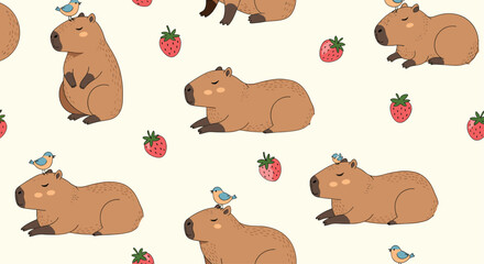 Fototapeta premium Cute seamless pattern featuring capybaras with small birds on their heads and strawberries on a light beige background.