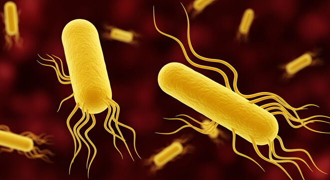 Yellow rod shaped bacteria with flagella swimming in dark red background microbe organism
