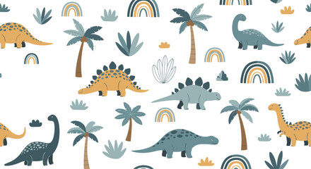Naklejka premium Seamless vector pattern of cute dinosaurs like diplodocus and stegosaurus in a tropical setting with palm trees and boho rainbows.