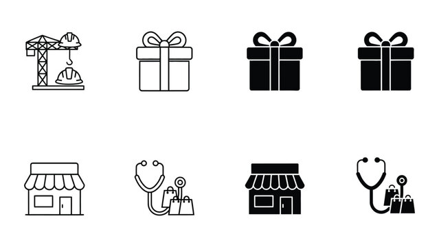 A collection of black and white line icons for business and healthcare