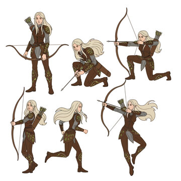 Elf Archer Character Poses Set - Fantasy Warrior Woman with Bow and Arrow