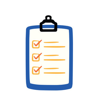 Hand drawn Clipboard with Checklist and Checkmarks in Flat Cartoon Vector Illustration