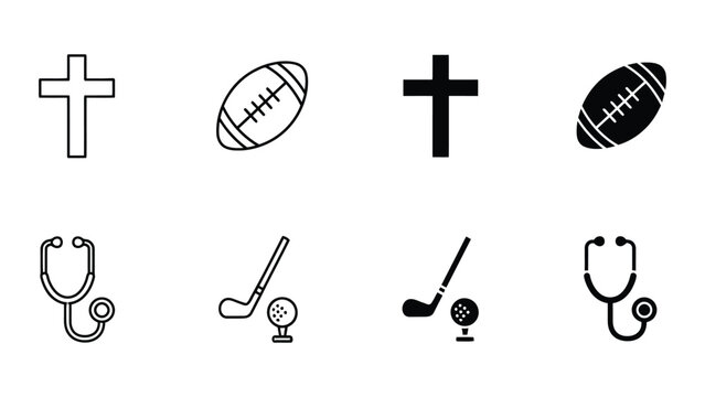 A collection of black and white icons representing various themes and professions