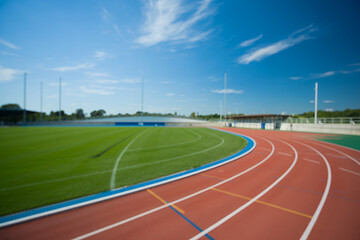 Fototapeta premium Red running track with white lines and green field