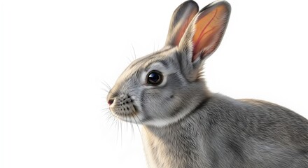 Obraz premium Cute fluffy gray bunny portrait with adorable side profile photographed in close-up isolated against seamless white background