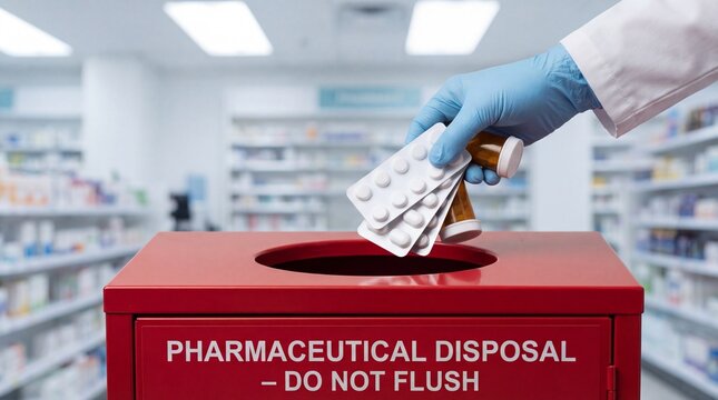 Secured medical waste receptacle in a clinical photography style in red and white colors representing responsible pharmaceutical disposal with copy space