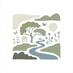 A serene landscape with a winding river and lush greenery