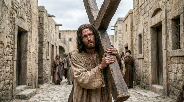 Jes&uacute;s camina con la cruz en una escena emotiva y realista.