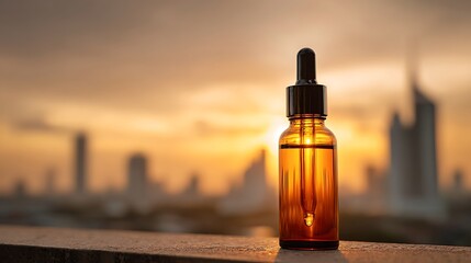 Solitary street lamp glowing through a foggy urban landscape at dusk