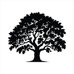 A black silhouette of a tree with a thick trunk and sprawling branches