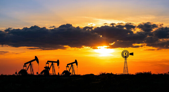 Silhouettes of three oil pump jacks and a traditional windmill on a flat landscape at sunset under a dramatic cloudy sky