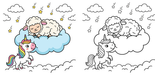 Fototapeta premium Cute Cartoon Unicorn and Sleeping Sheep on Cloud Whimsical Dreamy Vector for Kids