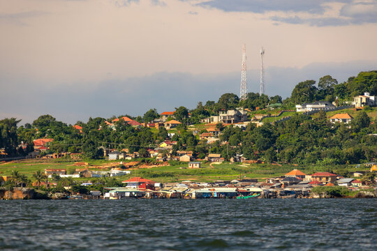 Lakeside hillside town near Entebbe Uganda with Lake Victoria