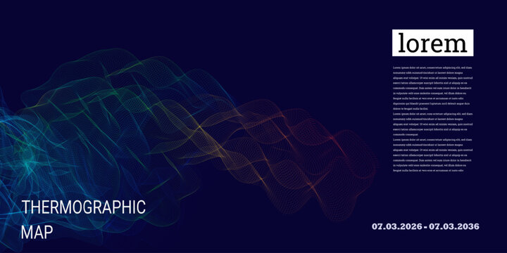 Thermographic heatmap mesh wave bg with copy space and colorful gradient lines on dark blue surface. Modern scientific abstract design suitable for presentation, poster and technology layouts.