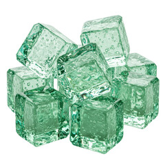 Obraz premium Irregular, translucent cool green ice cubes with visible air bubbles, reflecting light on multifaceted surfaces, scattered against a transparent background with copy space, concept of refreshment