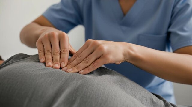 A therapist performs a massage on a client in a clinic. The hands press down gently on the back to relieve tension. The room is well lit and has a calm atmosphere