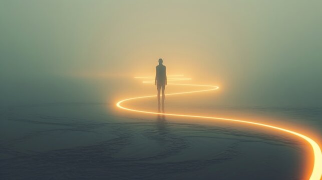 Silhouette walking along glowing light path in misty landscape