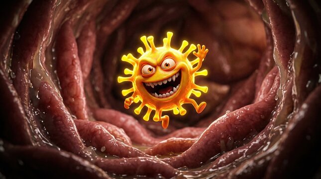 Illustrative cartoon cicada virus character floating in a human organ
