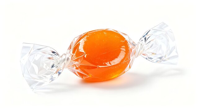 An orange candy wrapped in clear plastic on a white background isolated on white background