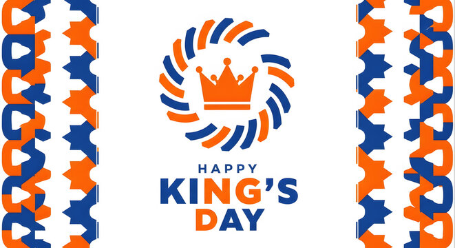 Orange and blue crown with King's Day text and decorative borders happy