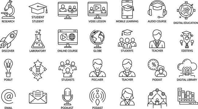 Education icons, digital learning silhouettes, online course artwork, e-learning illustration, modern classroom design, teaching tools theme, academic knowledge concept