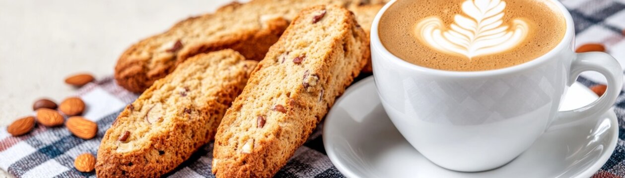 Elegant latte art in a white cup and crunchy almond biscotti on a rustic checkered cloth. A delightful Italian coffee break or snack. Coffee, Dessert