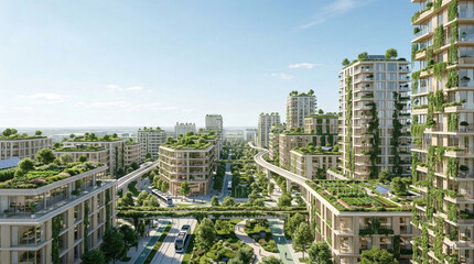Obraz premium Futuristic eco city with skyscrapers covered in living plants modern transport and green park areas for living