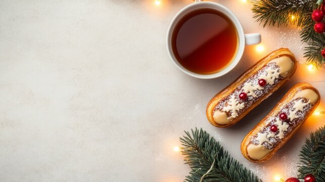 Festive Flat Lay Cozy winter tea time with two snowflake-decorated &Atilde;&copy;clairs, pine, berries and warm lights on a bright background, ideal for copy space. ,Christmas, Dessert