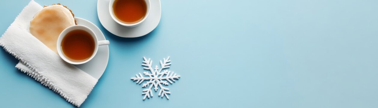 Flat lay composition Two warm teacoffee cups, pastry, white snowflake and napkin on serene blue. Cozy winter comfort. ,Winter ,Tea Time