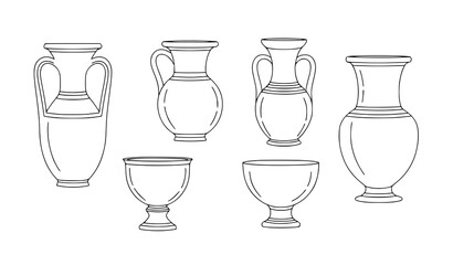 Greek Vases Minimal Linear Style Vector Set Trendy Ancient Clay Illustrations © MstNadiya