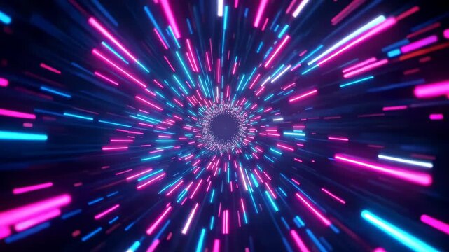 This captures a mesmerizing display of vibrant pink and blue neon lights radiating from a central point in a dark space, creating a dynamic and futuristic visual effect.