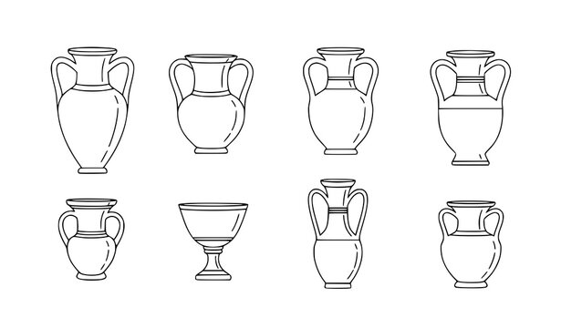 Greek Vases Linear Outline Vector Set Minimal Modern Clay Vessel Illustrations