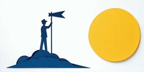 Fototapeta premium Papercraft illustration depicts person raising flag atop hill. Bright yellow circle present beside landscape. Simple design, clean aesthetic.