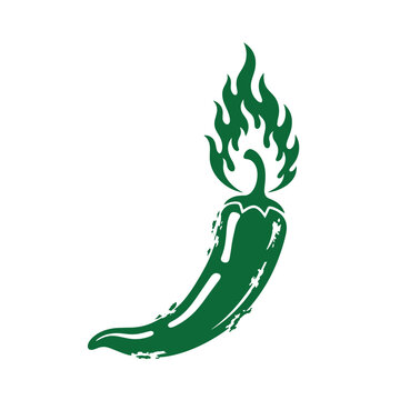 Green chili pepper with stylized flames rising from the representing hot and spicy food in a solid flat style on a white background