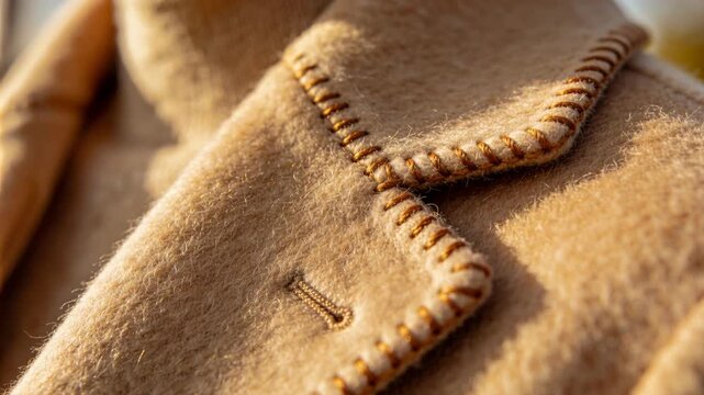 Detailed macro view of the texture and stitching on a warm camel colored woolen winter coat
