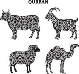 Fototapeta premium Qurban Animals Islamic Geometric Pattern Vector Set - Cow Goat Sheep Camel with Arabesque Ornamental Design