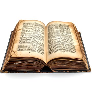 An aged open book with well-worn pages displayed against a stark white backdrop. The text is faded, and the cover appears dark