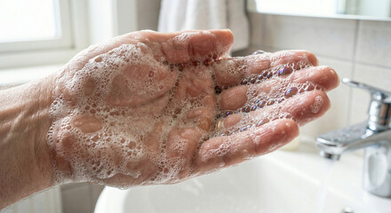 Fototapeta premium Close up of hand with white soap bubbles for hygiene and skincare in bathroom