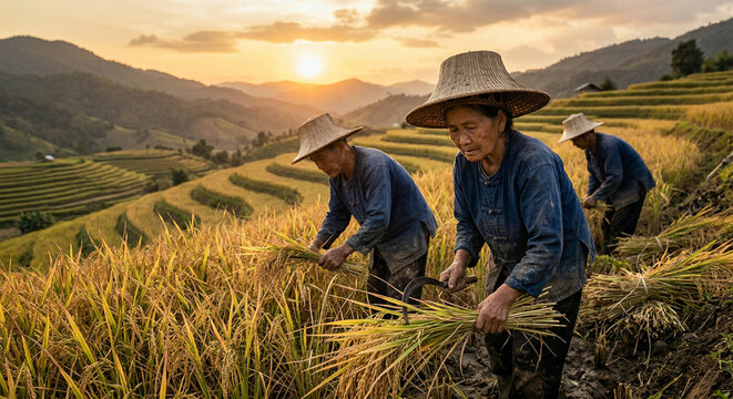 Elderly Asian farmers harvesting rice with sickles on terraced fields at sunset
